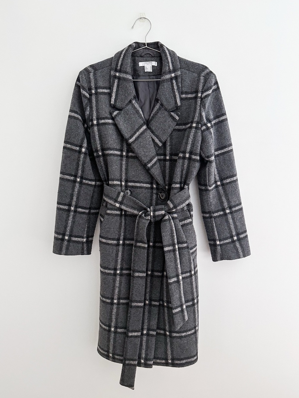 Gray White Plaid Belted Blanket Coat Quiet Luxury Soft Wrap Jacket Size XL NWOT